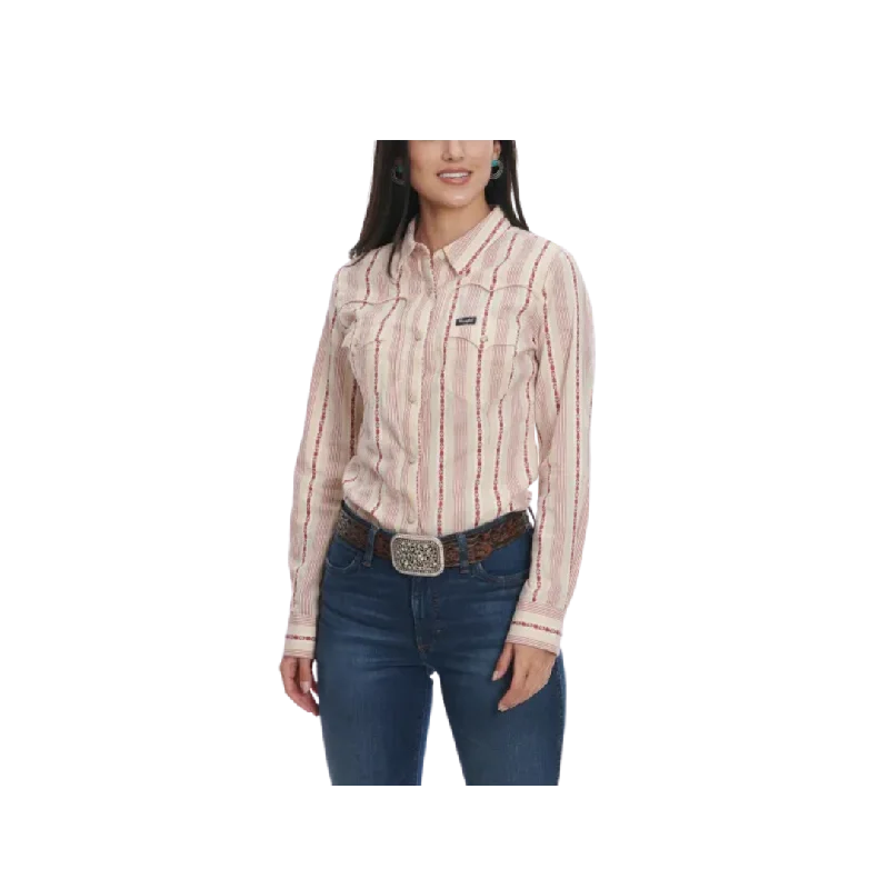 Wrangler Women's Retro Stripe Aztec Geo Embroidery Long Sleeve Western Sand Dark Dusty Rose Shirt Casual Button-Down Short Shirt