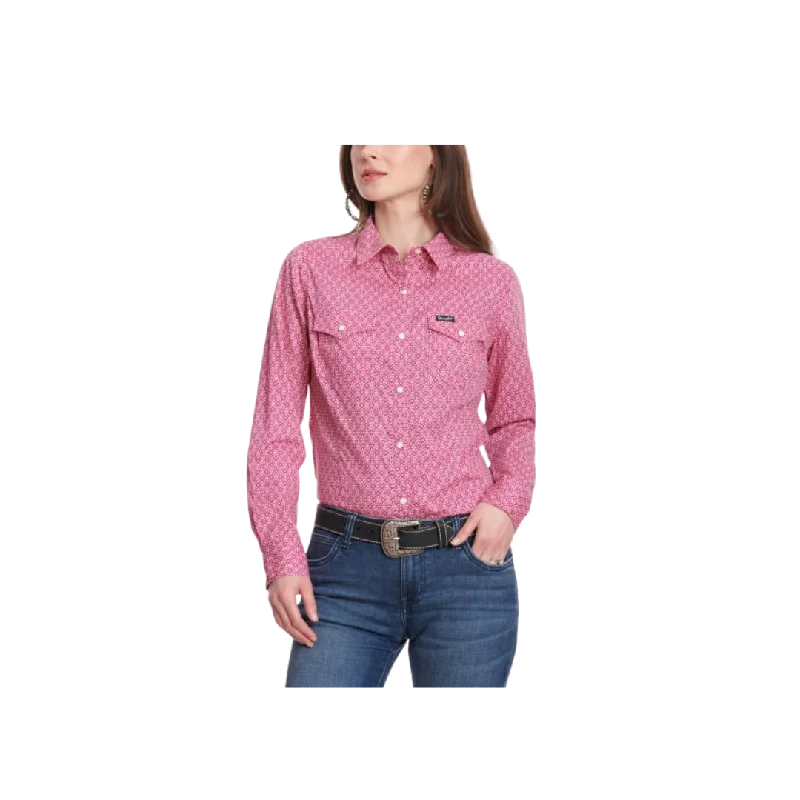 Wrangler Women's Print Long Sleeve Western Dark Pink & White Geo Purple Shirt Elegant Longline Short Shirt