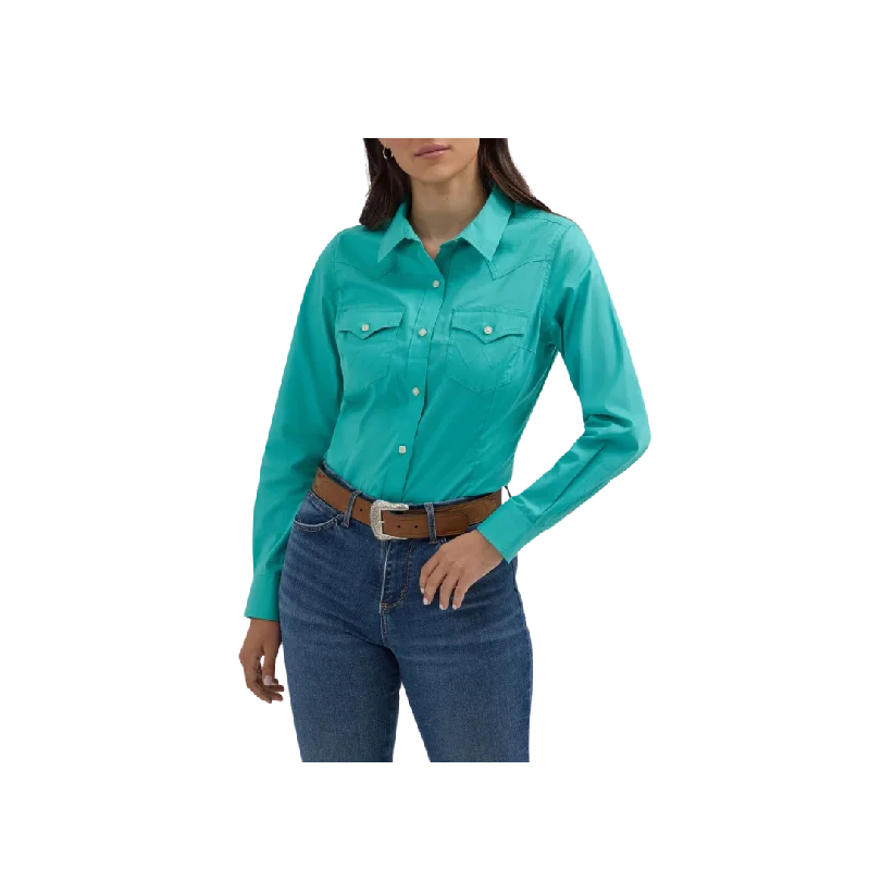 Wrangler Women's Long Sleeve Blue Shirt Comfortable Ribbed Short Sleeve