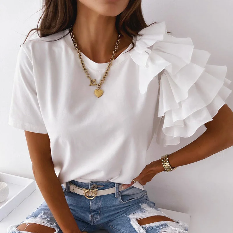 O Neck Solid Blouse Shirt Layered Ruffle Tops Blusa Relaxed Fit Short Sleeve Top