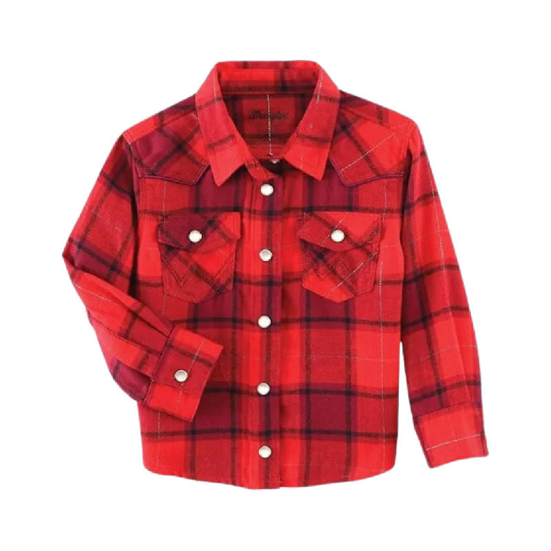 Wrangler Girl's Shirt Plaid Red Long Sleeve Shirt Relaxed Fit Short Shirt