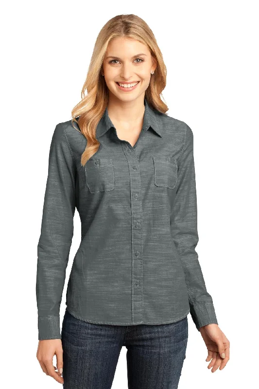 District Made® - Ladies Long Sleeve Washed Woven Shirt. DM4800 Fashionable Sheer Short Shirt