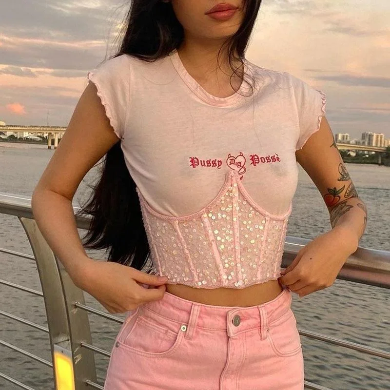 Women Sequin Letter Embroidery Corset Top Crops T Shirt Trendy Ruffled Short Sleeve