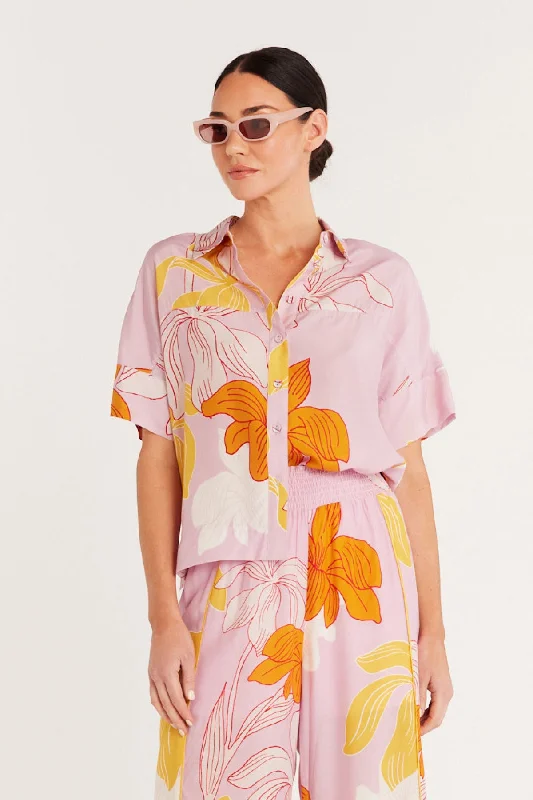 Iris Shirt - Pink Floral Comfortable Short Sleeve Blouse