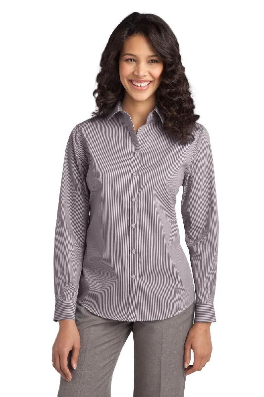 Port Authority® Ladies Fine Stripe Stretch Poplin Shirt. L647 Elegant High-Low Short Shirt