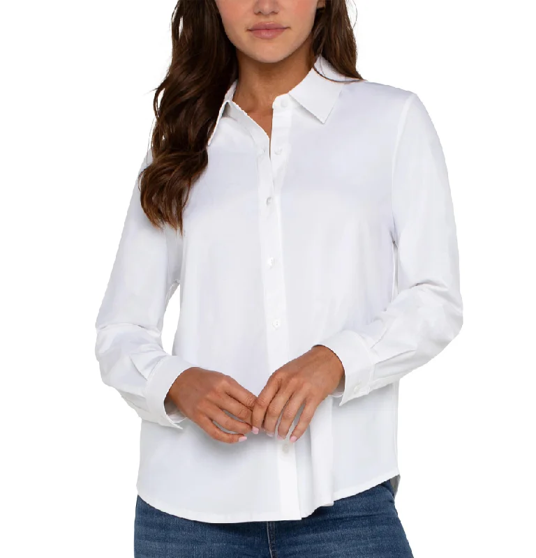 LS Button Shirt in White Trendy Button-Front Short Sleeve