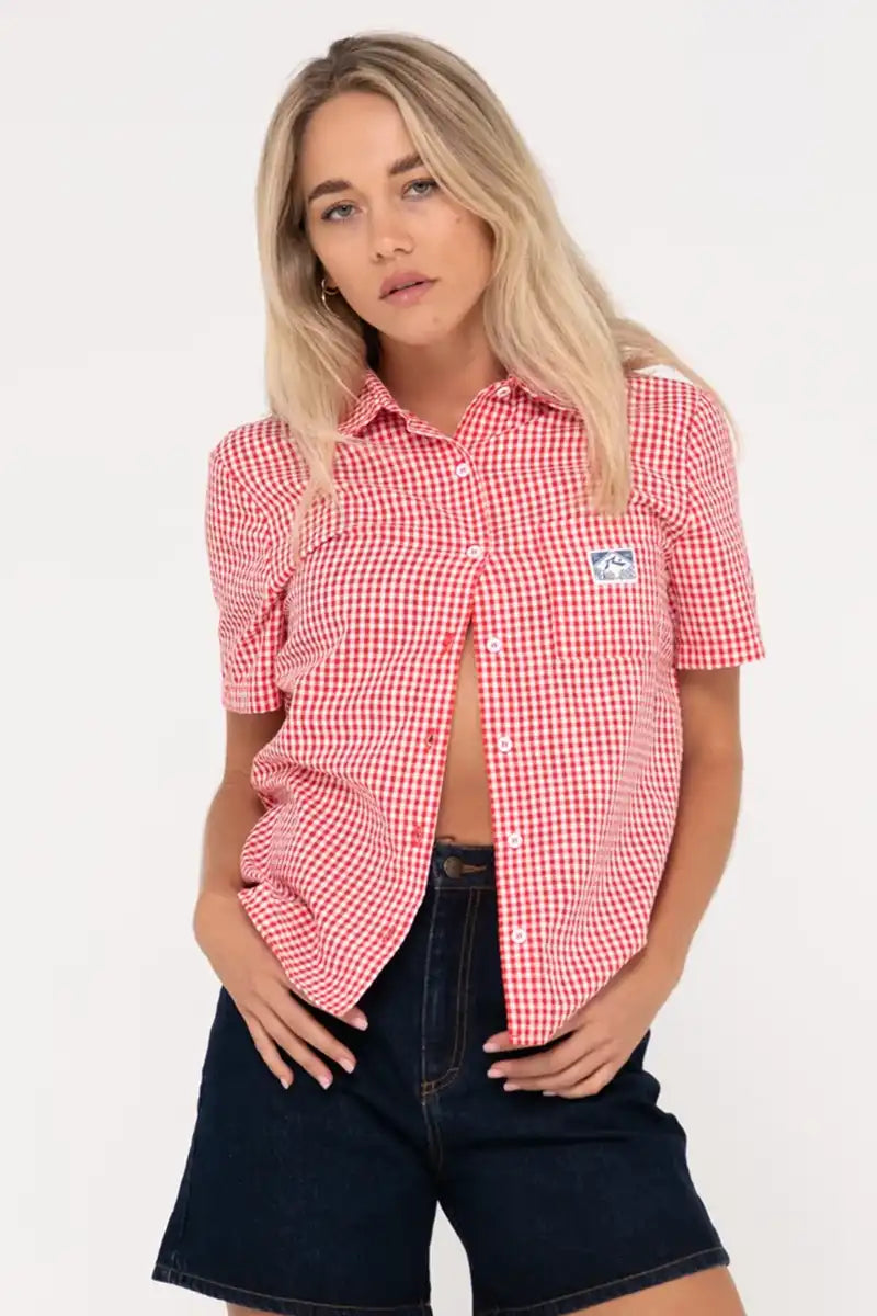 Rusty Checked Out Short Sleeve Shirt in True Red Casual Boxy Short Shirt