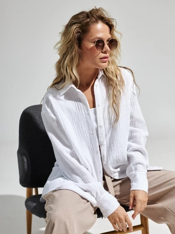 Suninbox 2023 Women's Spring Summer 100% Cotton Shirts Office Lady Casual Oversized Crepe Shirts White Long Sleeve Loose Blouse Fashionable Tied Short Sleeve