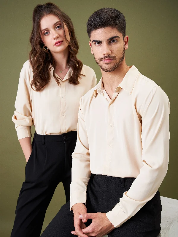 Unisex Beige Satin Relax Fit Shirt Cozy Cotton Short Tee