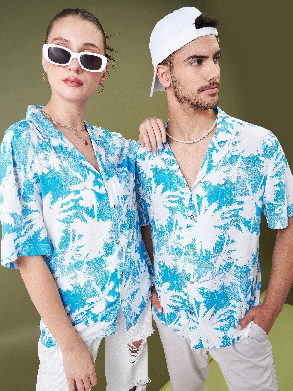 Unisex Blue & White Tropical Floral Relax Fit Shirt Relaxed Short Sleeve Tee