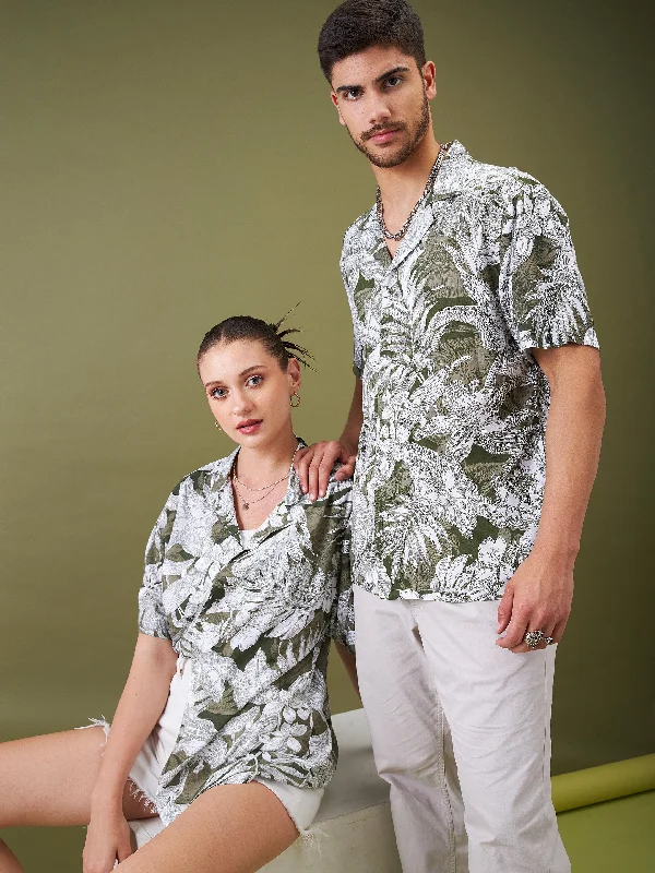 Unisex Olive & Whie Tropical Floral Relax Fit Shirt Comfortable Graphic Short Sleeve