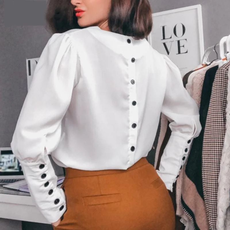 Women Office Lady Back Button Blouse Long Sleeve Sexy V neck Solid Elegant Casual Shirt 2019 Autumn New Fashion Women Tops Classic Short Sleeve Tunic