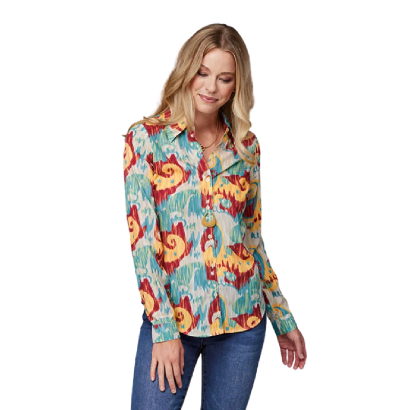 Roper Women's Print Poly Crepe Western Shirt Casual Short Sleeve Top