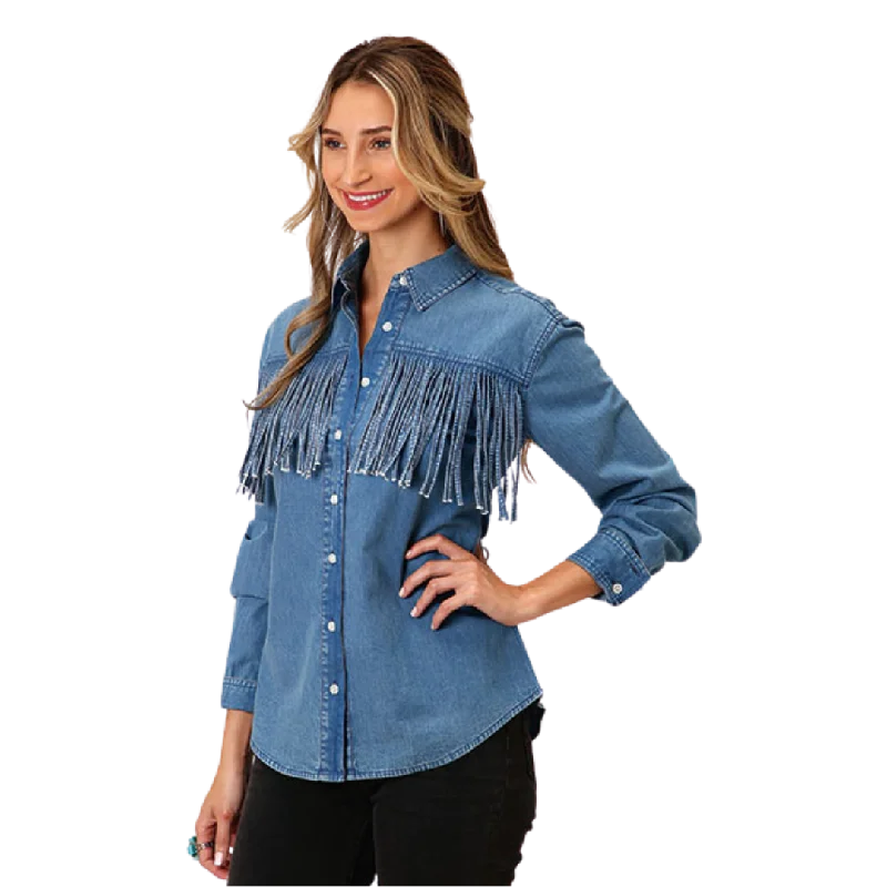 Roper Women's Long Sleeve Medium Denim Blue Shirt Stylish Printed Short Shirt