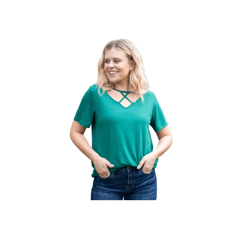 Southern Grace Women's Vinyard Day Caged Neckline Green T Shirt Relaxed Button-Down Short Shirt