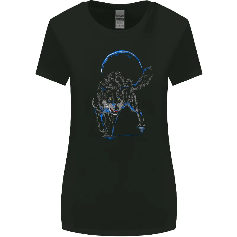 Abstract Wolf With the Moon Werewolf Lycan Womens Wider Cut T-Shirt Mesh Blend Leather Blend Suede Blend