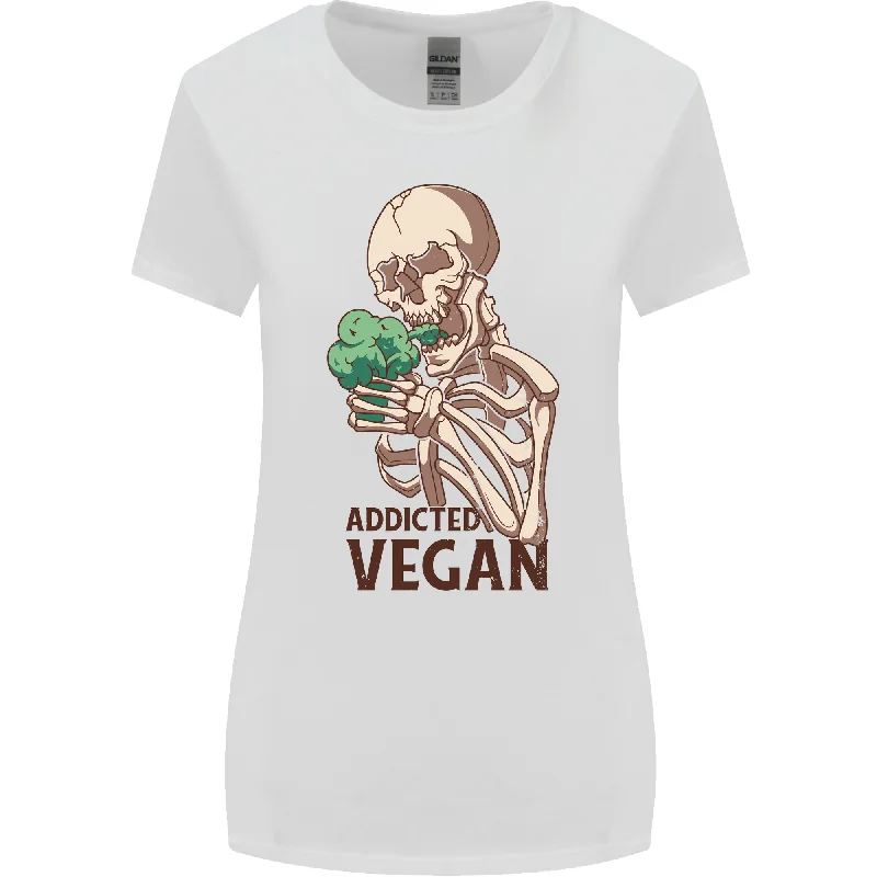 Addicted Vegan Skeleton Eating Vegetables Womens Wider Cut T-Shirt Notch Collar Peter Pan Collar Cowl Neck