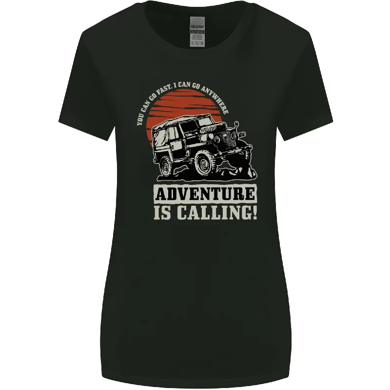 Adventure Is Calling 4X4 Off Roading Road Womens Wider Cut T-Shirt Embroidered Appliqued Beaded