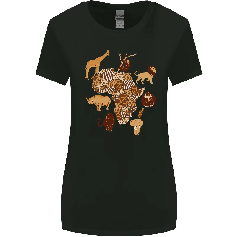 Africa Wildlife Map Giraffe Rhino Ape Elephant Lion Womens Wider Cut T-Shirt Fleece Nylon Spandex