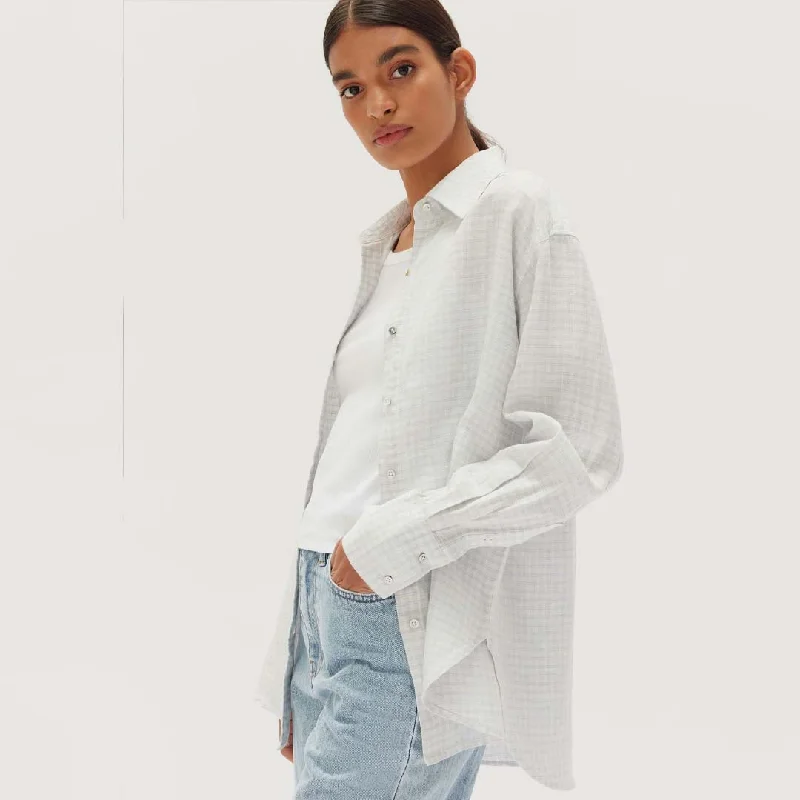 CHECK LINEN SHIRT | BLUE HAZE CHECK Trendy Button-Front Short Sleeve