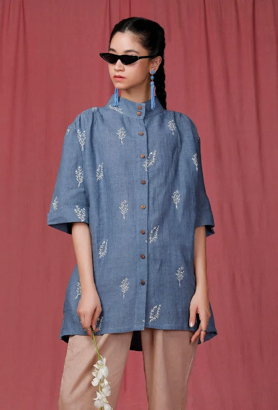 Caroline Blue Handblock Printed Linen Shirt Soft Cotton Short Shirt