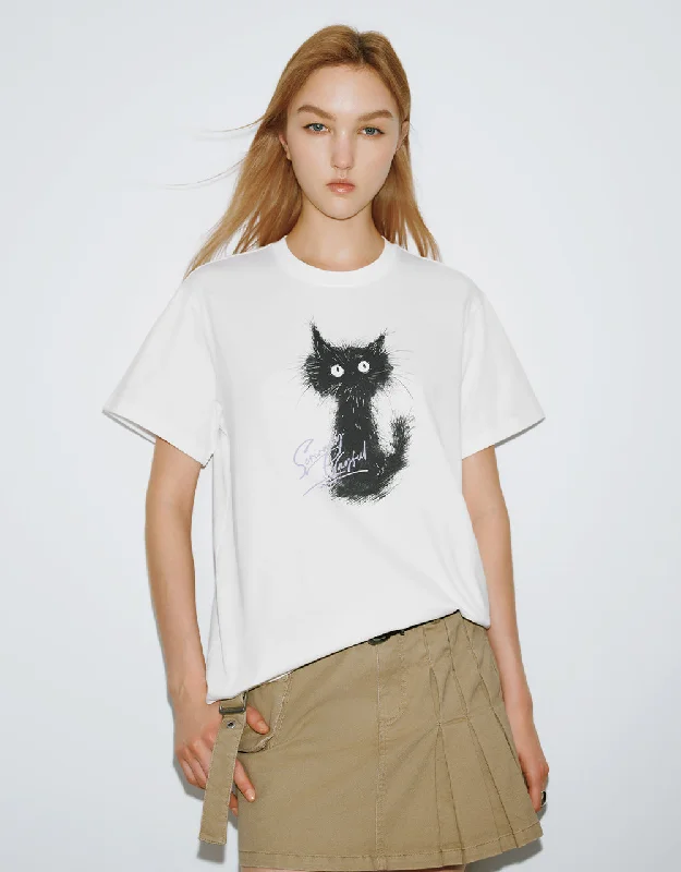 Cat Printed Crew Neck Straight T-Shirt Graphic Embroidered Appliqued