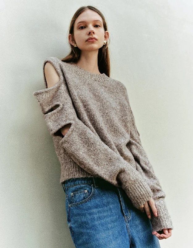 Cold Shoulder Crew Neck Knitted T-Shirt Print Jacquard Patchwork