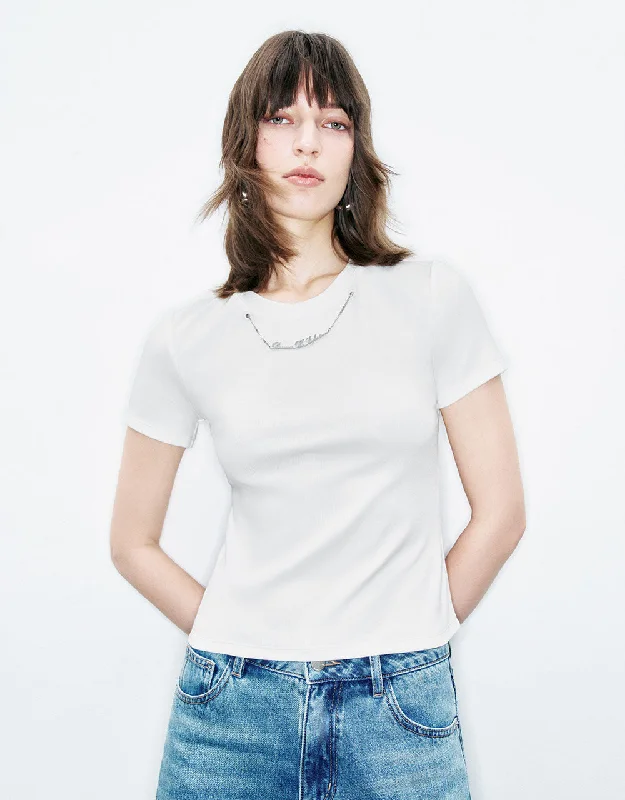 Crew Neck Skinny T-Shirt With Necklace Front Pockets Side Pockets Patch Pockets