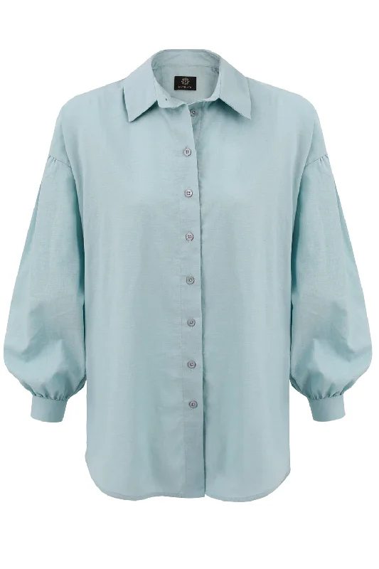 Summer Linen Button-up Shirt Pale Turquoise Modern Short Sleeve Top