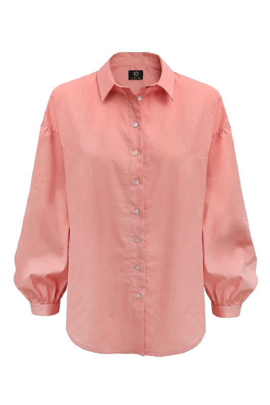 Summer Linen Button-up Shirt Peach Comfortable Fit Short Shirt