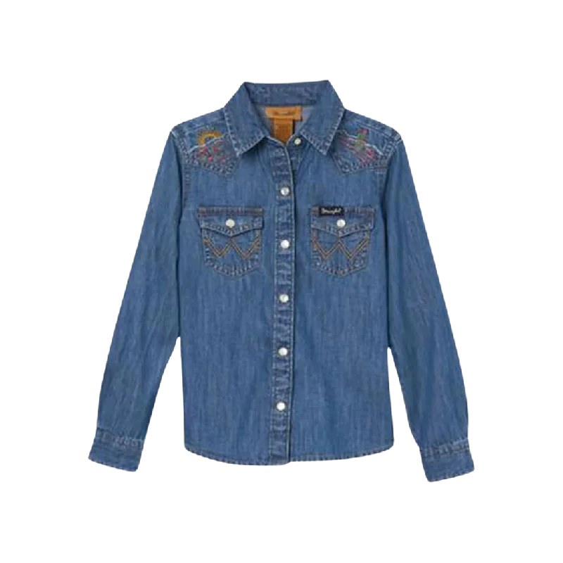 Wrangler Girls Long Sleeve Embroidered Western Denim Shirt Stylish Short Sleeve Polo