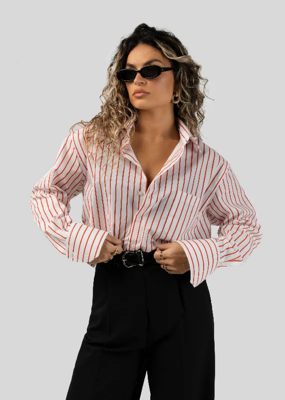 The Boyfriend Shirt Red & White Stripes Classic Solid Short Shirt