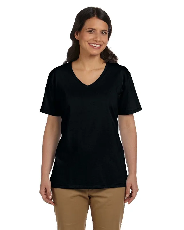 Hanes Ladies ComfortSoft V-Neck Cotton T-Shirt | Black Asymmetrical Pockets Print