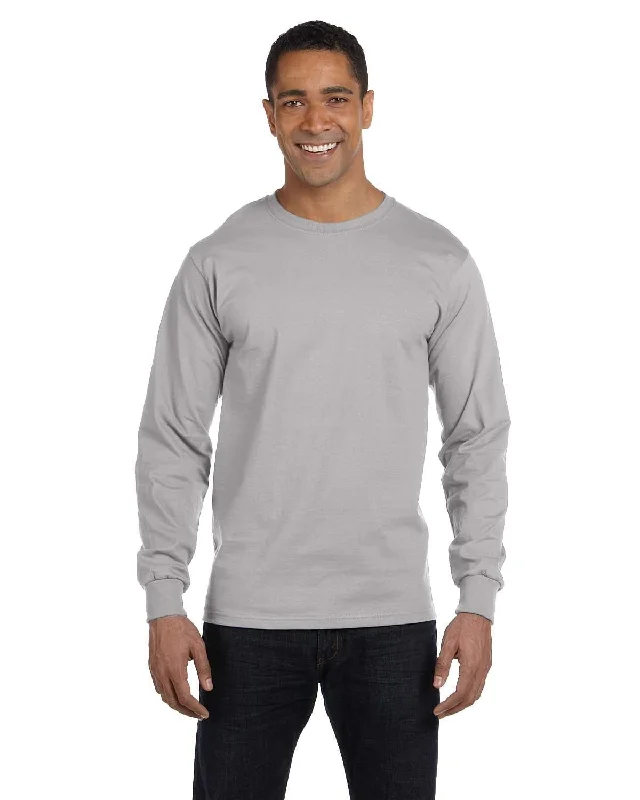 Hanes Long Sleeve Beefy-T T-Shirt | Light Steel Welt Pockets Slit Pockets Flap Pockets