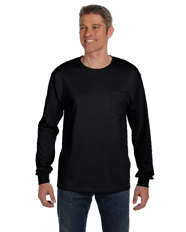 Hanes Tagless Long Sleeve Pocket T-Shirt | Black Chenille Fabric Brocade Fabric Lace Fabric