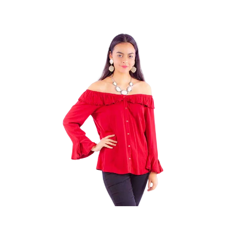 Scully Leathers Women's Off The Shoulder Top Red Shirt Relaxed Fit Short Shirt