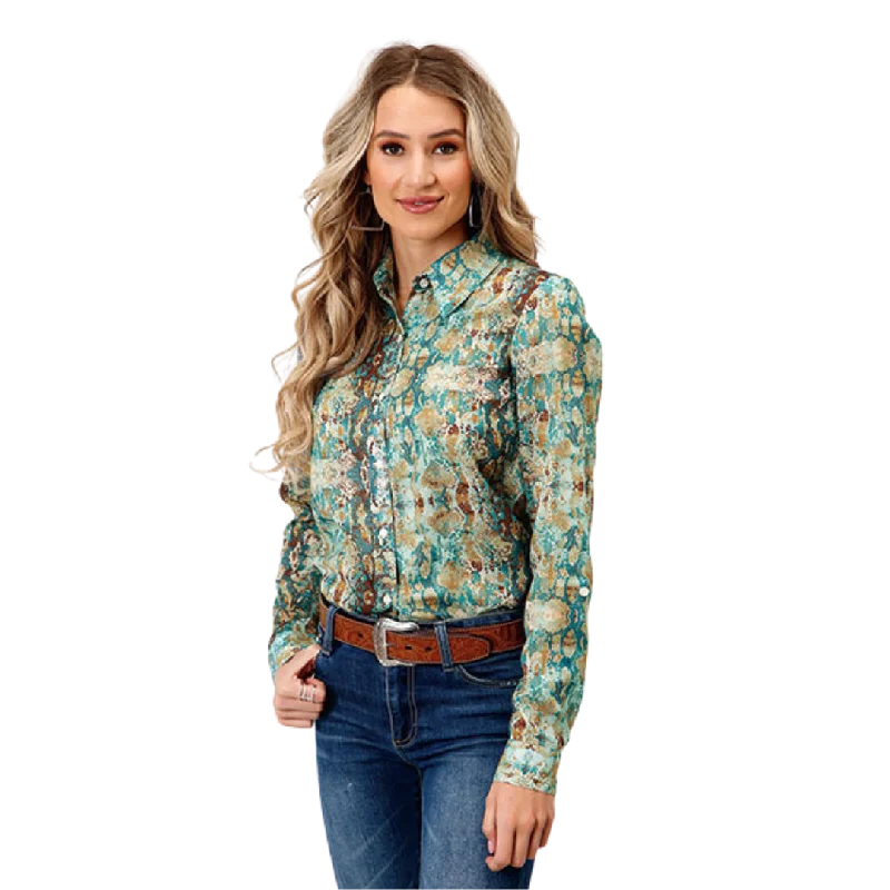 Roper Women's Poly Teal Snake Print Western Green Shirt Trendy Short Sleeve Tunic