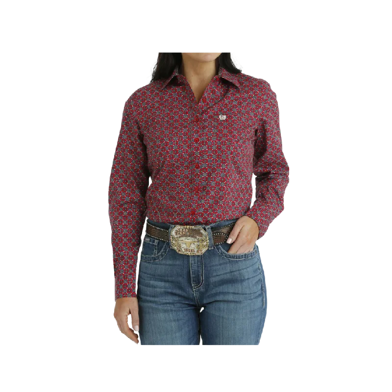 Cinch Women's Long Sleeve Western Button Print Red Shirt Comfortable Fit Short Shirt