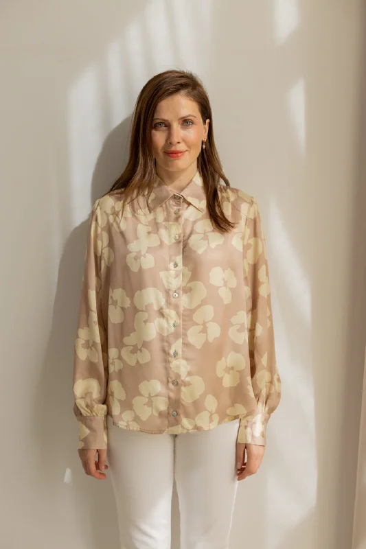 Noel Button-up Shirt Flowers Beige Relaxed Fit Short Sleeve Top