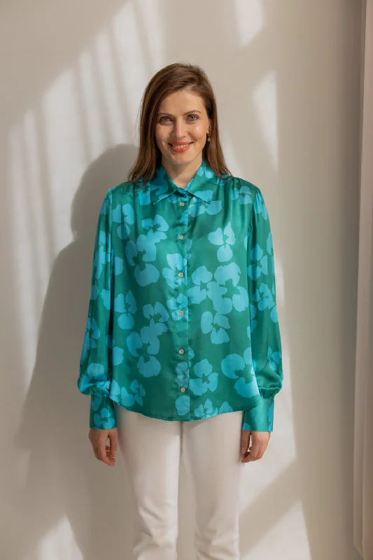 Noel Button-up Shirt Flowers Green Classic V-Neck Short Shirt