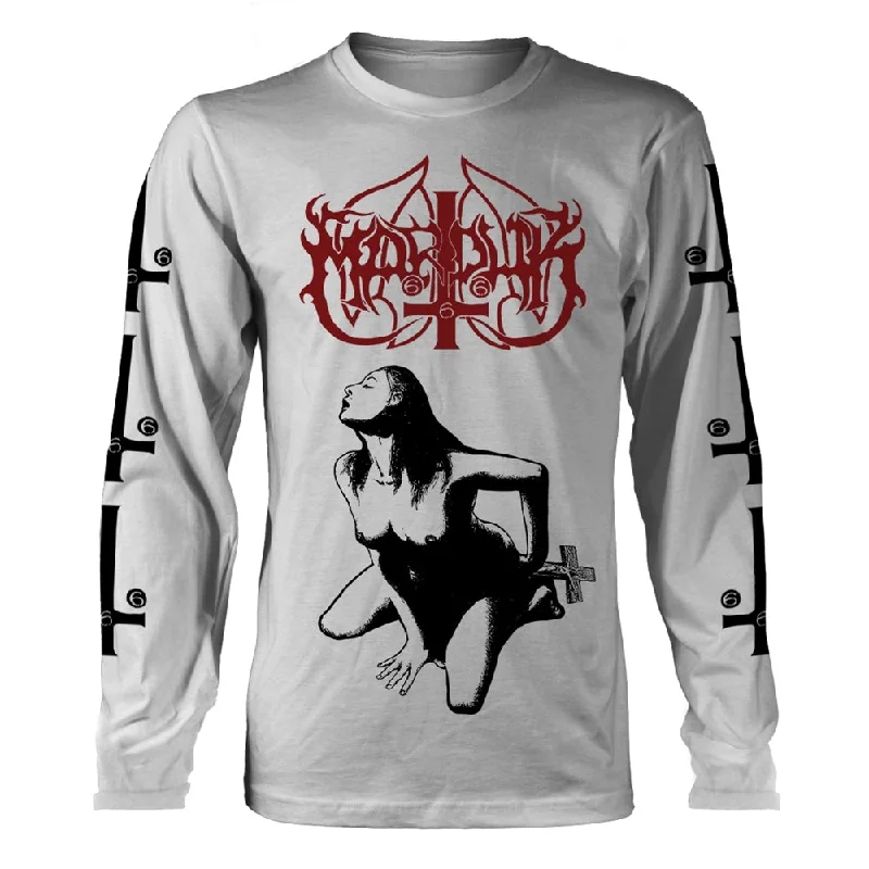 Marduk Unisex Long Sleeved T-shirt: Fuck Me Jesus (White) (back print) Mesh Fabric Canvas Fabric Denim Fabric