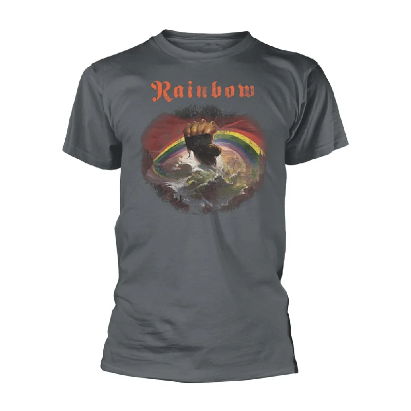 Rainbow | Official Band T-Shirt | Rising Distressed (Charcoal) Zippered Front Buttoned Front Snap Front