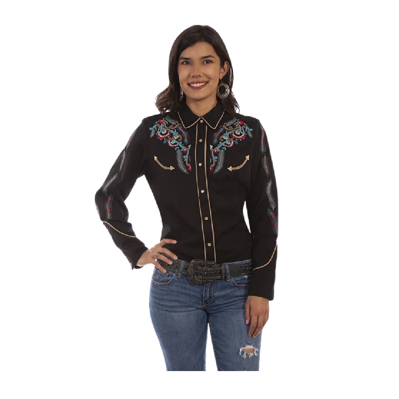 Scully Leather Women's Embroidered Western Black Shirt Stylish Crew Neck Shirt