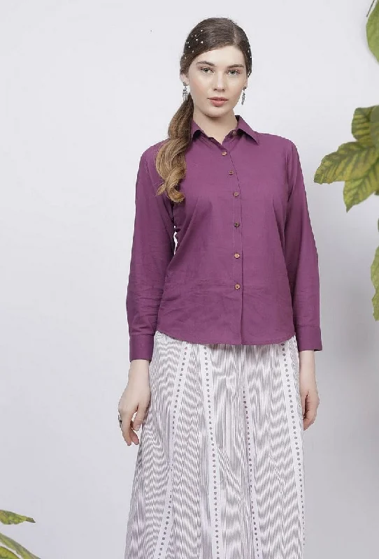 Purple Plain Cotton Shirt Comfortable Loose Short Sleeve