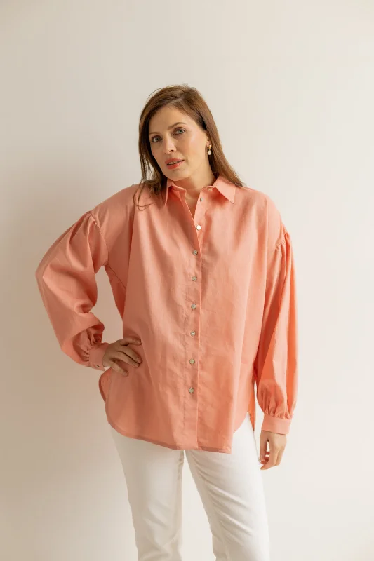 Summer Button-up Shirt Peach Relaxed Fit Short Blouse