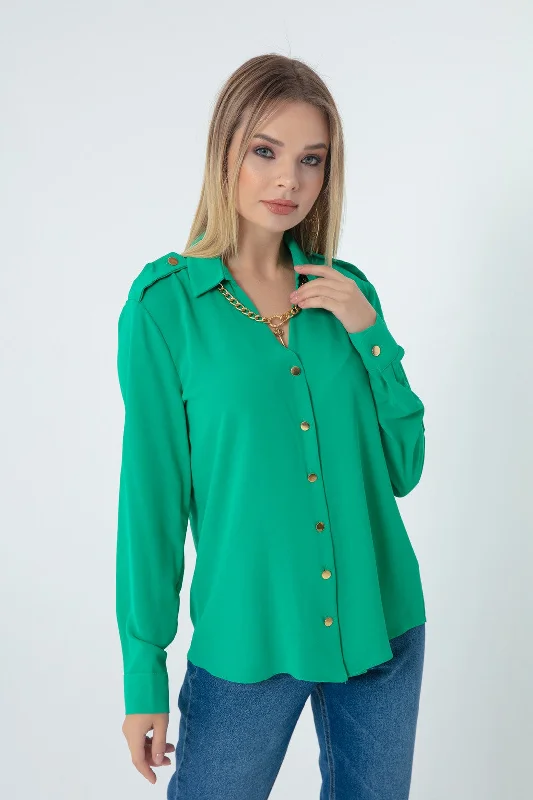 Women'S Collar Chain Detailed Shirt Comfortable Peplum Short Shirt