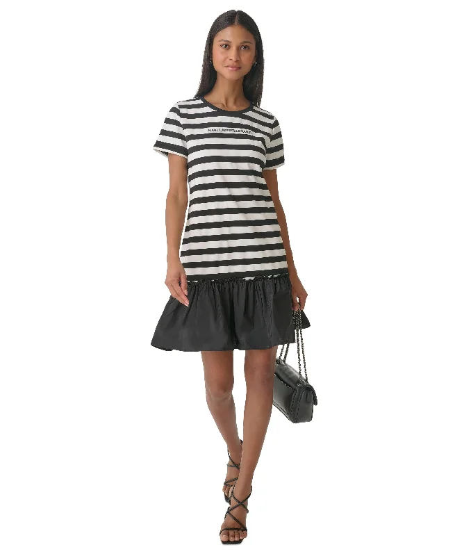 Women's Striped Ruffled T-Shirt Dress Machine Wash Dry Clean Hand Wash