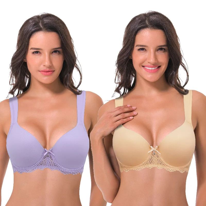 Women's Lightly Padded Underwire Lace Bra with Padded Shoulder Straps Daily Comfort Bra