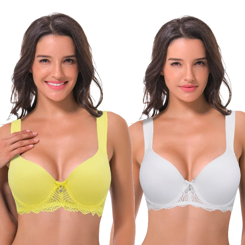 Women's Lightly Padded Underwire Lace Bra with Padded Shoulder Straps Stretchy Wireless Bra