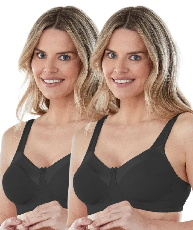 Bestform Satin Trim Wire-Free Cotton Bra With Unlined Cups 2 Pack - Black Breathable Comfort Bra